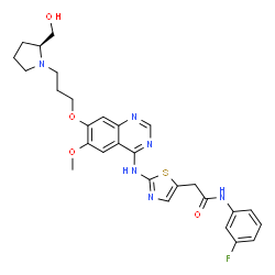 ChemSpider 2D Image | N-(3-Fluorophenyl)-2-{2-[(7-{3-[(2S)-2-(hydroxymethyl)-1-pyrrolidinyl]propoxy}-6-methoxy-4-quinazolinyl)amino]-1,3-thiazol-5-yl}acetamide | C28H31FN6O4S