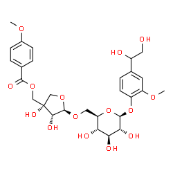 ChemSpider 2D Image | 4-(1,2-Dihydroxyethyl)-2-methoxyphenyl 6-O-[(2R,3R,4S)-3,4-dihydroxy-4-{[(4-methoxybenzoyl)oxy]methyl}tetrahydro-2-furanyl]-beta-D-glucopyranoside | C28H36O15
