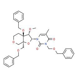 ChemSpider 2D Image | 1-{(2R,3S,3aS,7aR)-3a-(Benzyloxy)-7a-[(benzyloxy)methyl]-3-methoxyhexahydro-2H-furo[2,3-c]pyran-2-yl}-3-[(benzyloxy)methyl]-5-methyl-2,4(1H,3H)-pyrimidinedione | C36H40N2O8