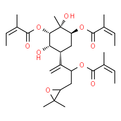 ChemSpider 2D Image | (1S,2R,3S,4S,5R)-5-[4-(3,3-Dimethyl-2-oxiranyl)-3-{[(2Z)-2-methyl-2-butenoyl]oxy}-1-buten-2-yl]-2,4-dihydroxy-2-methyl-1,3-cyclohexanediyl (2Z,2'Z)bis(2-methyl-2-butenoate) | C30H44O9