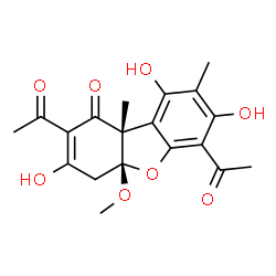 ChemSpider 2D Image | (4aR,9bS)-2,6-diacetyl-3,7,9-trihydroxy-4a-methoxy-8,9b-dimethyl-4H-dibenzofuran-1-one | C19H20O8
