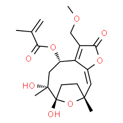 ChemSpider 2D Image | (1R,2E,8S,10R,11S)-10,11-Dihydroxy-6-(methoxymethyl)-1,10-dimethyl-5-oxo-4,14-dioxatricyclo[9.2.1.0~3,7~]tetradeca-2,6-dien-8-yl methacrylate | C20H26O8