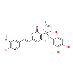 ChemSpider 2D Image | 2'-(3,4-Dihydroxyphenyl)-6'-[(E)-2-(4-hydroxy-3-methoxyphenyl)vinyl]-5-methyl-3H,4'H-spiro[furan-2,3'-furo[3,2-c]pyran]-3,4'-dione | C26H20O9