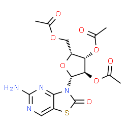 ChemSpider 2D Image | 5-Amino-3-(2,3,5-tri-O-acetyl-beta-D-xylofuranosyl)[1,3]thiazolo[4,5-d]pyrimidin-2(3H)-one | C16H18N4O8S