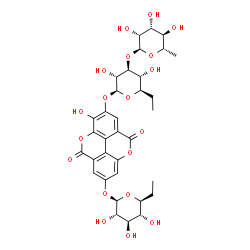 ChemSpider 2D Image | 7-{[(5S)-5-Ethyl-beta-L-xylopyranosyl]oxy}-3-hydroxy-5,10-dioxo-5,10-dihydrochromeno[5,4,3-cde]chromen-2-yl (5R)-3-O-(6-deoxy-alpha-L-mannopyranosyl)-5-ethyl-beta-D-xylopyranoside | C34H40O19