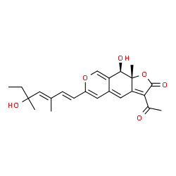ChemSpider 2D Image | (9R,9aR)-3-Acetyl-9-hydroxy-6-[(1E,3E)-5-hydroxy-3,5-dimethyl-1,3-heptadien-1-yl]-9a-methyl-9,9a-dihydro-2H-furo[3,2-g]isochromen-2-one | C23H26O6