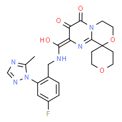 ChemSpider 2D Image | (2'E)-2'-[{[4-Fluoro-2-(5-methyl-1H-1,2,4-triazol-1-yl)benzyl]amino}(hydroxy)methylene]-2,3,5,6,6',7'-hexahydro-2'H-spiro[pyran-4,9'-pyrimido[2,1-c][1,4]oxazine]-3',4'-dione | C22H23FN6O5