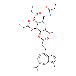 ChemSpider 2D Image | Methyl 6-deoxy-2-O-[3-(7-isopropyl-1-methyl-4-azulenyl)propanoyl]-3,4-di-O-propionyl-6-(propionylamino)-alpha-D-mannopyranoside | C33H45NO9