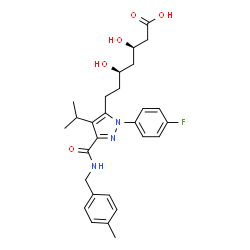 ChemSpider 2D Image | (3R,5R)-7-{1-(4-Fluorophenyl)-4-isopropyl-3-[(4-methylbenzyl)carbamoyl]-1H-pyrazol-5-yl}-3,5-dihydroxyheptanoic acid | C28H34FN3O5