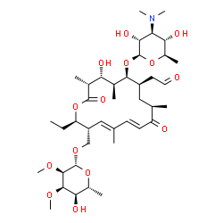 ChemSpider 2D Image | [(2R,3R,4E,6E,9R,11R,12S,13S,14R,15R)-12-{[3,6-Dideoxy-3-(dimethylamino)-beta-D-glucopyranosyl]oxy}-2-ethyl-14-hydroxy-5,9,13,15-tetramethyl-8,16-dioxo-11-(2-oxoethyl)oxacyclohexadeca-4,6-dien-3-yl]me
thyl 6-deoxy-2,3-di-O-methyl-beta-D-allopyranoside | C40H67NO14