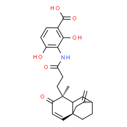 ChemSpider 2D Image | 2,4-Dihydroxy-3-({3-[(1S,5S,8R)-5-methyl-9-methylene-4-oxotricyclo[6.2.2.0~1,6~]dodec-2-en-5-yl]propanoyl}amino)benzoic acid | C24H27NO6