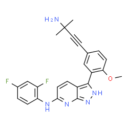 ChemSpider 2D Image | 3-[5-(3-Amino-3-methyl-1-butyn-1-yl)-2-methoxyphenyl]-N-(2,4-difluorophenyl)-2H-pyrazolo[3,4-b]pyridin-6-amine | C24H21F2N5O