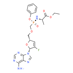 ChemSpider 2D Image | Ethyl N-[(S)-({[(2S,5R)-5-(6-amino-9H-purin-9-yl)-4-fluoro-2,5-dihydro-2-furanyl]methoxy}methyl)(phenoxy)phosphoryl]-L-alaninate | C22H26FN6O6P