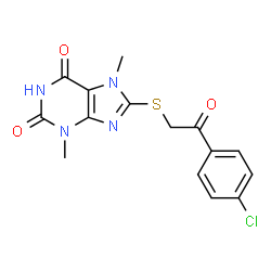 ChemSpider 2D Image | 8-{[2-(4-Chlorophenyl)-2-oxoethyl]sulfanyl}-3,7-dimethyl-3,7-dihydro-1H-purine-2,6-dione | C15H13ClN4O3S