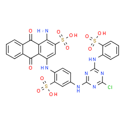 ChemSpider 2D Image | 1-Amino-4-{[4-({4-chloro-6-[(2-sulfophenyl)amino]-1,3,5-triazin-2-yl}amino)-2-sulfophenyl]amino}-9,10-dioxo-9,10-dihydro-2-anthracenesulfonic acid | C29H20ClN7O11S3