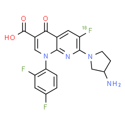 ChemSpider 2D Image | 7-(3-Amino-1-pyrrolidinyl)-1-(2,4-difluorophenyl)-6-(~18~F)fluoro-4-oxo-1,4-dihydro-1,8-naphthyridine-3-carboxylic acid | C19H15F218FN4O3