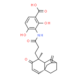 ChemSpider 2D Image | 2,4-Dihydroxy-3-({3-[(1R,5S,8R)-5-methyl-9-methylene-4-oxotricyclo[6.2.2.0~1,6~]dodec-2-en-5-yl]propanoyl}amino)benzoic acid | C24H27NO6
