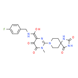 ChemSpider 2D Image | 8-[(4Z)-4-{[(4-Fluorobenzyl)amino](hydroxy)methylene}-1-methyl-5,6-dioxo-1,4,5,6-tetrahydro-2-pyrimidinyl]-1,3,8-triazaspiro[4.5]decane-2,4-dione | C20H21FN6O5