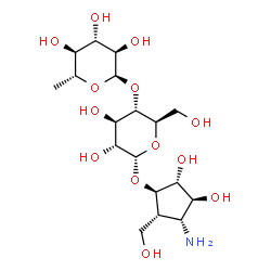 ChemSpider 2D Image | (1R,2R,3R,4S,5R)-3-Amino-4,5-dihydroxy-2-(hydroxymethyl)cyclopentyl 4-O-(6-deoxy-alpha-D-glucopyranosyl)-alpha-D-glucopyranoside | C18H33NO13