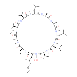 ChemSpider 2D Image | (3S,6S,9S,12R,15S,18S,21S,24S,27R,30S,33S)-25,30-Diethyl-33-[(1R,4E)-1-hydroxy-2-methyl-4-hexen-1-yl]-6,9,18-triisobutyl-3,21,24-triisopropyl-1,4,7,10,12,15,19,27,28-nonamethyl-1,4,7,10,13,16,19,22,25
,28,31-undecaazacyclotritriacontane-2,5,8,11,14,17,20,23,26,29,32-undecone | C63H113N11O12