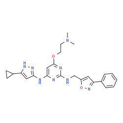 ChemSpider 2D Image | N~4~-(5-Cyclopropyl-1H-pyrazol-3-yl)-6-[2-(dimethylamino)ethoxy]-N~2~-[(3-phenyl-1,2-oxazol-5-yl)methyl]-2,4-pyrimidinediamine | C24H28N8O2