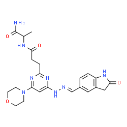 ChemSpider 2D Image | N~2~-{3-[4-(4-Morpholinyl)-6-{(2E)-2-[(2-oxo-2,3-dihydro-1H-indol-5-yl)methylene]hydrazino}-2-pyrimidinyl]propanoyl}alaninamide | C23H28N8O4
