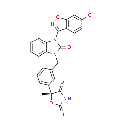 ChemSpider 2D Image | (5R)-5-(3-{[3-(6-Methoxy-1,2-benzoxazol-3-yl)-2-oxo-2,3-dihydro-1H-benzimidazol-1-yl]methyl}phenyl)-5-methyl-1,3-oxazolidine-2,4-dione | C26H20N4O6