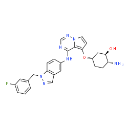 ChemSpider 2D Image | (1R,2R,5S)-2-Amino-5-[(4-{[1-(3-fluorobenzyl)-1H-indazol-5-yl]amino}pyrrolo[2,1-f][1,2,4]triazin-5-yl)oxy]cyclohexanol | C26H26FN7O2