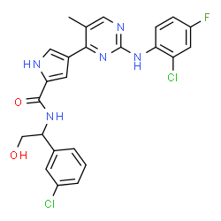 ChemSpider 2D Image | 4-{2-[(2-Chloro-4-fluorophenyl)amino]-5-methyl-4-pyrimidinyl}-N-[1-(3-chlorophenyl)-2-hydroxyethyl]-1H-pyrrole-2-carboxamide | C24H20Cl2FN5O2