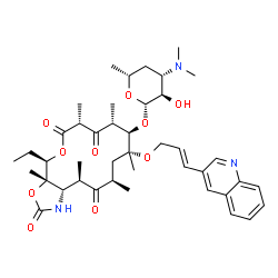 ChemSpider 2D Image | (3aS,4R,7R,9R,10R,11R,13R,15R,15aS)-4-Ethyl-3a,7,9,11,13,15-hexamethyl-2,6,8,14-tetraoxo-11-{[(2E)-3-(3-quinolinyl)-2-propen-1-yl]oxy}tetradecahydro-2H-oxacyclotetradecino[4,3-d][1,3]oxazol-10-yl 3,4,
6-trideoxy-3-(dimethylamino)-beta-D-xylo-hexopyranoside | C42H59N3O10