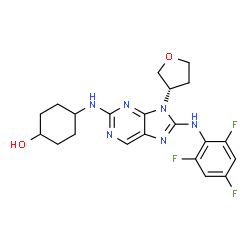 ChemSpider 2D Image | 4-({9-[(3S)-Tetrahydro-3-furanyl]-8-[(2,4,6-trifluorophenyl)amino]-9H-purin-2-yl}amino)cyclohexanol | C21H23F3N6O2