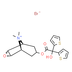 ChemSpider 2D Image | (1S,2R,4S,5S)-7-[2-Hydroxy(di-2-thienyl)acetoxy]-9,9-dimethyl-3-oxa-9-azoniatricyclo[3.3.1.0~2,4~]nonane bromide | C19H22BrNO4S2