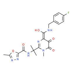 ChemSpider 2D Image | N-{2-[(4Z)-4-{[(4-Fluorobenzyl)amino](hydroxy)methylene}-1-methyl-5,6-dioxo-1,4,5,6-tetrahydro-2-pyrimidinyl]-2-propanyl}-5-methyl-1,3,4-oxadiazole-2-carboxamide | C20H21FN6O5