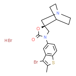 ChemSpider 2D Image | (2R)-3'-(3-Bromo-2-methyl-1-benzothiophen-5-yl)-2'H-spiro[4-azabicyclo[2.2.2]octane-2,5'-[1,3]oxazolidin]-2'-one hydrobromide (1:1) | C18H20Br2N2O2S
