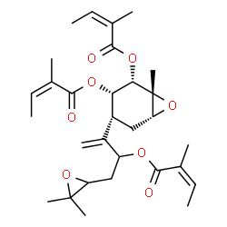 ChemSpider 2D Image | (1R,2S,3S,4R,6R)-4-[4-(3,3-Dimethyl-2-oxiranyl)-3-{[(2Z)-2-methyl-2-butenoyl]oxy}-1-buten-2-yl]-1-methyl-7-oxabicyclo[4.1.0]heptane-2,3-diyl (2Z,2'Z)bis(2-methyl-2-butenoate) | C30H42O8