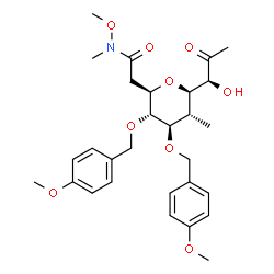 ChemSpider 2D Image | 2-{(2R,3R,4R,5R,6R)-6-[(1S)-1-Hydroxy-2-oxopropyl]-3,4-bis[(4-methoxybenzyl)oxy]-5-methyltetrahydro-2H-pyran-2-yl}-N-methoxy-N-methylacetamide | C29H39NO9