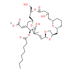 ChemSpider 2D Image | (1R,3R,6S,7E,10S,11S,12E,14S,16R,20R,22S)-10,20-Dihydroxy-16-(hydroxymethyl)-12-(2-methoxy-2-oxoethylidene)-9,9-dimethyl-18-oxo-5,17,26,27,28-pentaoxatetracyclo[20.3.1.1~3,6~.1~10,14~]octacos-7-en-11-
yl octanoate | C37H58O13