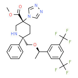 ChemSpider 2D Image | Methyl (3R,6S)-6-({(1R)-1-[3,5-bis(trifluoromethyl)phenyl]ethoxy}methyl)-6-phenyl-3-(4H-1,2,4-triazol-4-yl)-3-piperidinecarboxylate | C26H26F6N4O3