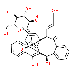 ChemSpider 2D Image | (2S,11S)-2,11,24-Trihydroxy-10-[(1E)-3-hydroxy-3-methyl-1-buten-1-yl]-13-methyl-9-oxohexacyclo[14.8.0.0~2,11~.0~3,8~.0~10,15~.0~18,23~]tetracosa-1(24),3,5,7,13,16,18,20,22-nonaen-17-yl beta-D-glucopyr
anoside | C36H38O11