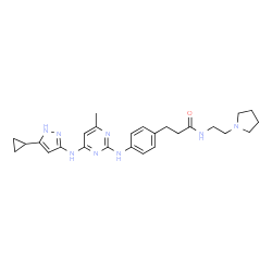ChemSpider 2D Image | 3-[4-({4-[(5-Cyclopropyl-1H-pyrazol-3-yl)amino]-6-methyl-2-pyrimidinyl}amino)phenyl]-N-[2-(1-pyrrolidinyl)ethyl]propanamide | C26H34N8O