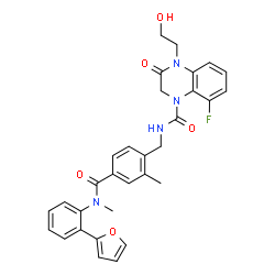 ChemSpider 2D Image | 8-Fluoro-N-(4-{[2-(2-furyl)phenyl](methyl)carbamoyl}-2-methylbenzyl)-4-(2-hydroxyethyl)-3-oxo-3,4-dihydro-1(2H)-quinoxalinecarboxamide | C31H29FN4O5