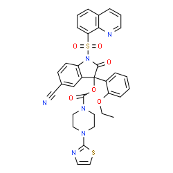 ChemSpider 2D Image | 5-Cyano-3-(2-ethoxyphenyl)-2-oxo-1-(8-quinolinylsulfonyl)-2,3-dihydro-1H-indol-3-yl 4-(1,3-thiazol-2-yl)-1-piperazinecarboxylate | C34H28N6O6S2