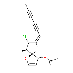 ChemSpider 2D Image | (4R,5S,7E,8S,9R)-8-Chloro-7-(2,4-hexadiyn-1-ylidene)-9-hydroxy-1,6-dioxaspiro[4.4]non-2-en-4-yl acetate | C15H13ClO5