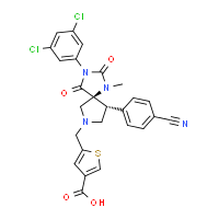 ChemSpider 2D Image | 5-{[(5S,9R)-9-(4-Cyanophenyl)-3-(3,5-dichlorophenyl)-1-methyl-2,4-dioxo-1,3,7-triazaspiro[4.4]non-7-yl]methyl}-3-thiophenecarboxylic acid | C26H20Cl2N4O4S