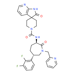 ChemSpider 2D Image | N-[(3R,6S)-6-(2,3-Difluorophenyl)-2-oxo-1-(2-pyridinylmethyl)-3-azepanyl]-2'-oxo-1',2'-dihydro-1H-spiro[piperidine-4,3'-pyrrolo[2,3-b]pyridine]-1-carboxamide | C30H30F2N6O3