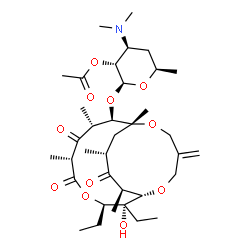 ChemSpider 2D Image | (2S,3R,4S,6R)-2-{[(1S,2R,3R,6R,8R,9R,10R,16R,18R)-2,3-Diethyl-2-hydroxy-6,8,10,16,18-pentamethyl-13-methylene-5,7,17-trioxo-4,11,15-trioxabicyclo[8.5.4]nonadec-9-yl]oxy}-4-(dimethylamino)-6-methyltetr
ahydro-2H-pyran-3-yl acetate | C36H59NO11