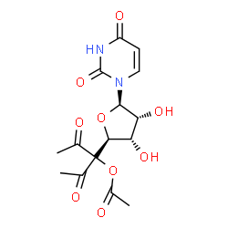 ChemSpider 2D Image | 3-[(2S,3S,4R,5R)-5-(2,4-Dioxo-3,4-dihydro-1(2H)-pyrimidinyl)-3,4-dihydroxytetrahydro-2-furanyl]-2,4-dioxo-3-pentanyl acetate | C15H18N2O9