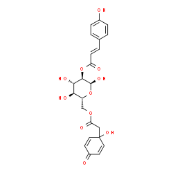 ChemSpider 2D Image | 6-O-[(1-Hydroxy-4-oxo-2,5-cyclohexadien-1-yl)acetyl]-2-O-[(2E)-3-(4-hydroxyphenyl)-2-propenoyl]-alpha-D-glucopyranose | C23H24O11