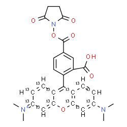 ChemSpider 2D Image | 9-(2-Carboxy-4-{[(2,5-dioxo-1-pyrrolidinyl)oxy]carbonyl}phenyl)-6-(dimethylamino)-N,N-dimethyl(1,2,3,4,4a,5,6,7,8,8a,9a,10a-~13~C_12_)-3H-xanthen-3-iminium | C1713C12H26N3O7