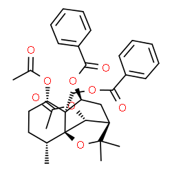 ChemSpider 2D Image | (1S,2R,5S,6S,7S,9R,12R)-5,12-Diacetoxy-6-[(benzoyloxy)methyl]-2,10,10-trimethyl-11-oxatricyclo[7.2.1.0~1,6~]dodec-7-yl benzoate | C33H38O9